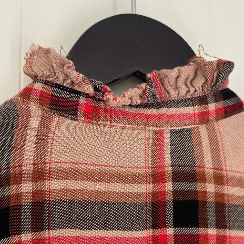 BANANA REPUBLIC Plaid Tan Black Red Button Down Ruffle Collar Small - Picture 7 of 7